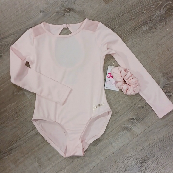 Nwt new Justice pink logo ballet gymnastics leotard with scrunchie 5-6 - Picture 2 of 16